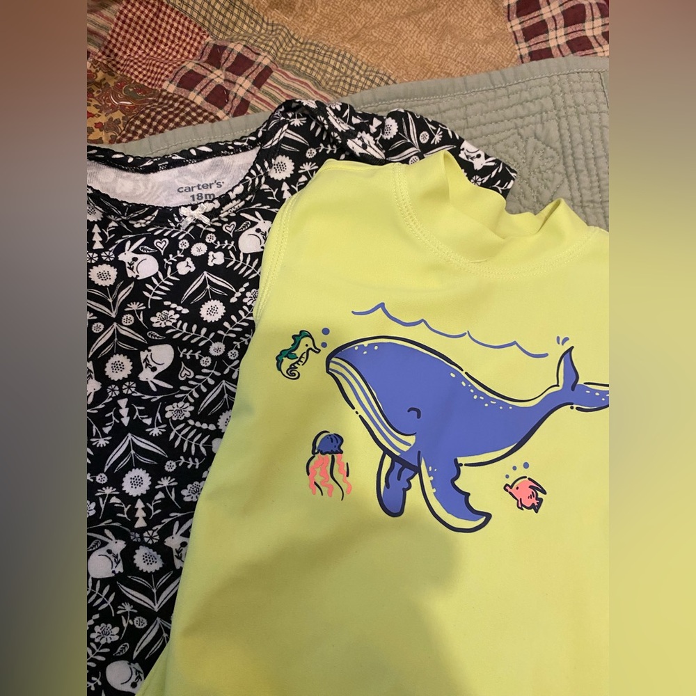 CARTERS BABY (2) “Whale Water Shirt & 1pc BunnyShirt” Size 18mo Black/Yellow EUC